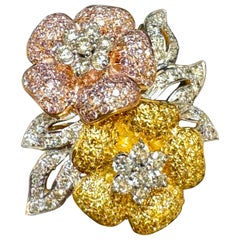 4 Ct Natural Fancy Color Diamond Flower Pin/ Brooch in 18 Kt Multi Color Gold