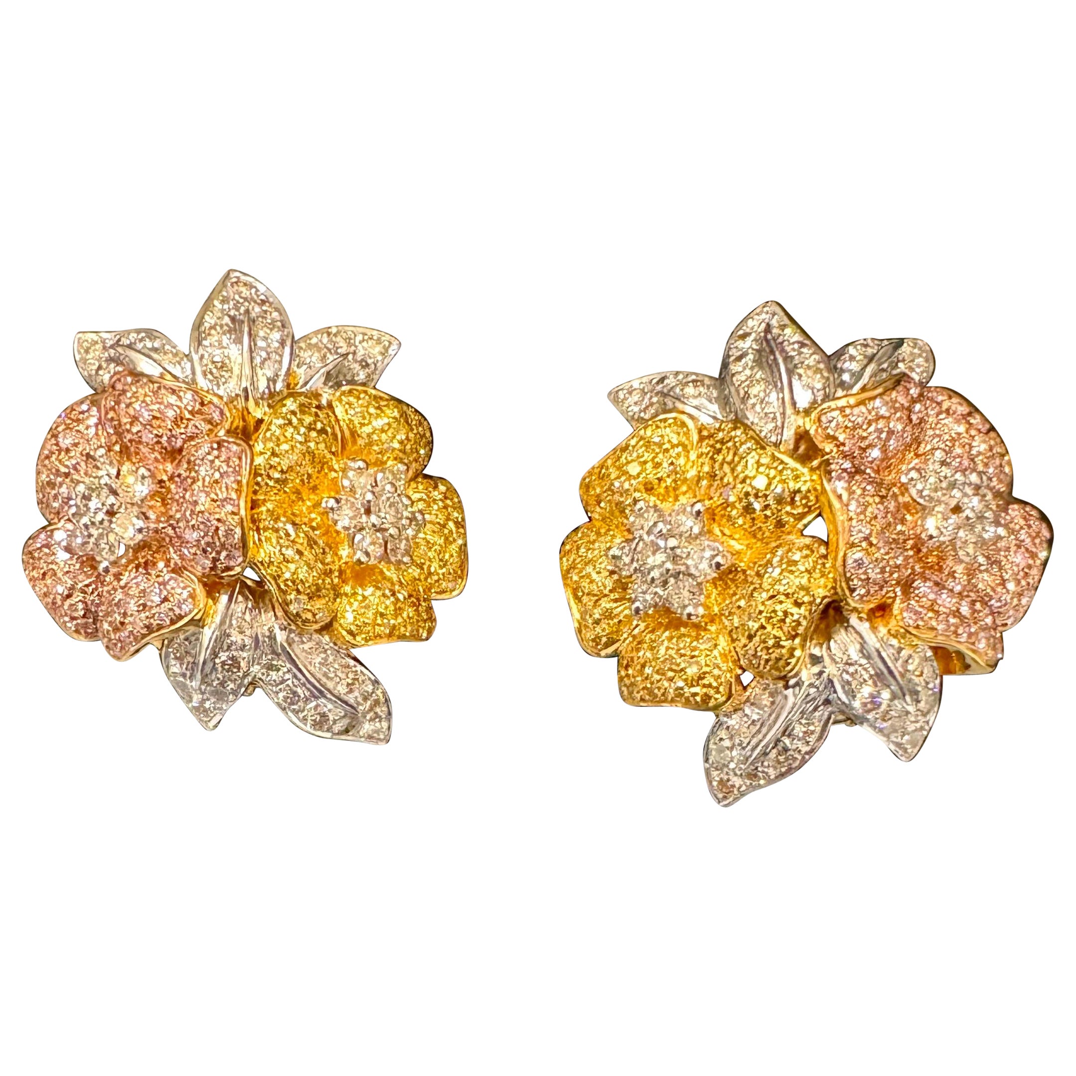 4.4 Ct Natural Fancy Color Diamond Flower Earrings in 18 Kt Multi Color Gold  For Sale