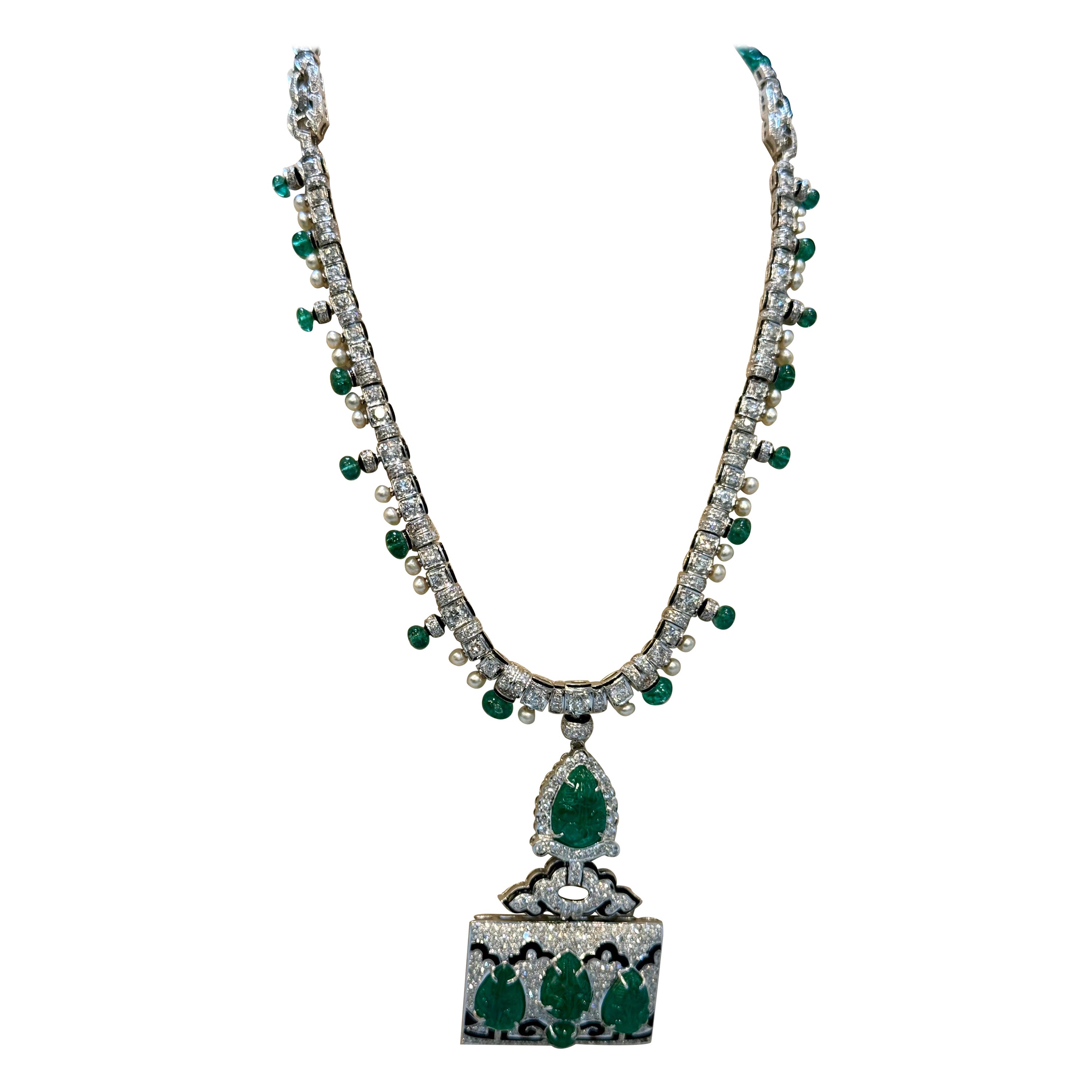 25 Ct Natural Carved Emerald & 10 Ct Diamond Art Deco  18 KW Gold Necklace For Sale