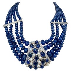 700Ct Sapphire Bead Necklace with cabochon & Diamond Center & Diamond Spacer 18K