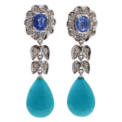 Turquoise, Sapphires, Diamonds, Platinum Dangle Earrings.