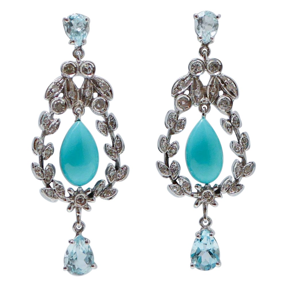 Aquamarine Colour Topazs, Turquoise, Diamonds, 14 Kt White Gold Earrings.