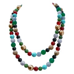 Retro Carnelian, Turquoise, Onyx, Agate, Tourmaline, Rose Gold and Silver Necklace.