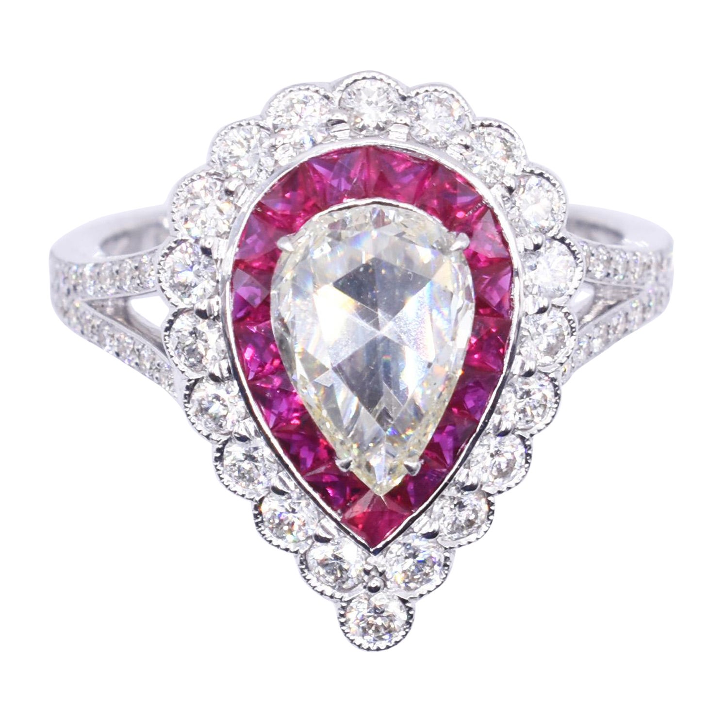 18k White Gold 1.17ct Diamond & Ruby Target Ring For Sale