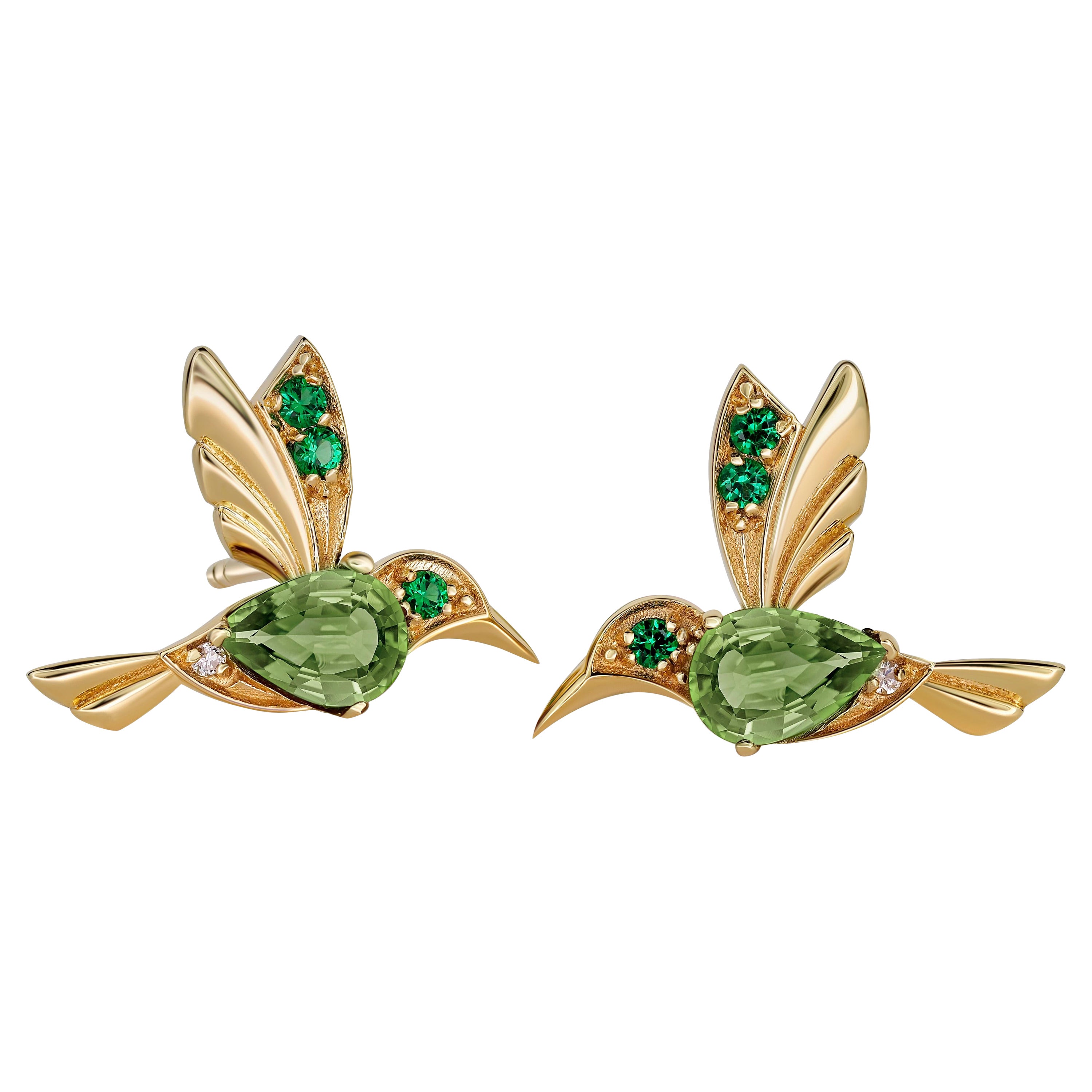 14k Gold Hummingbird earrings studs with peridots.  For Sale