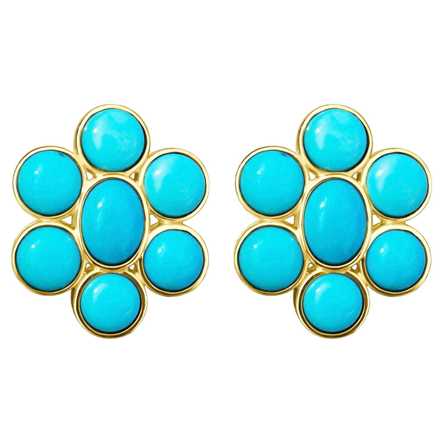 Nina Zhou 8ct Blue Turquoise Gemstone Cluster Earrings in 18k Yellow Gold For Sale