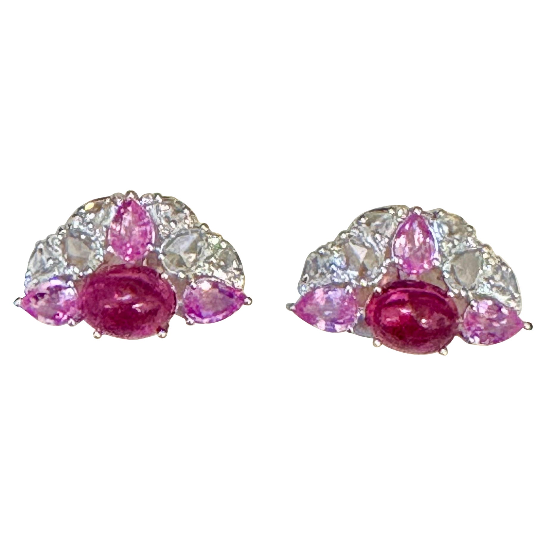 Pink Tourmaline and Pink Sapphire Earrings with Rose Cut Diamonds 18 Karat Gold For Sale