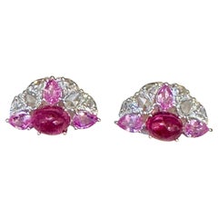 Pink Tourmaline and Pink Sapphire Earrings with Rose Cut Diamonds 18 Karat Gold