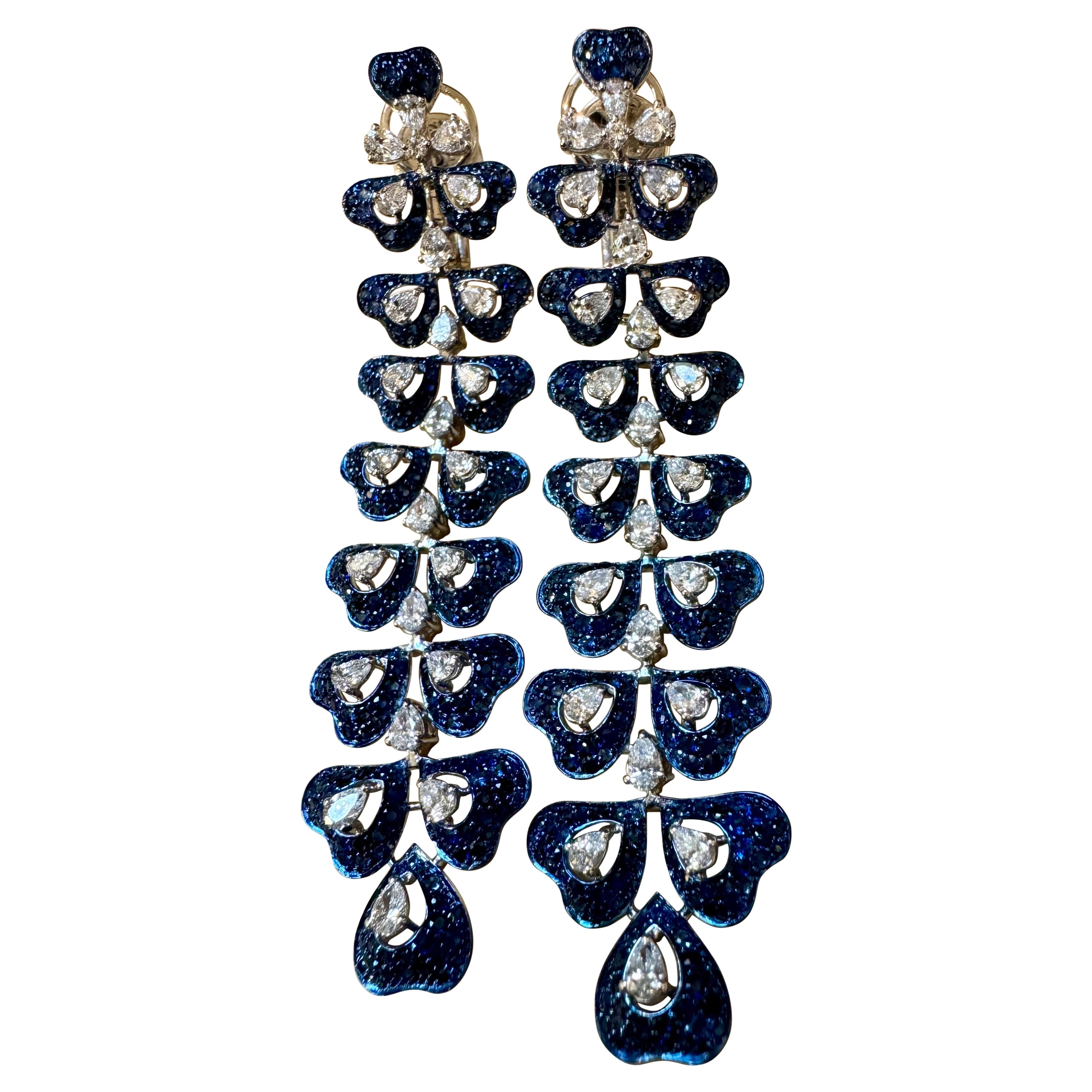  6 Ct Natural Blue Sapphire & 3 Ct Diamond hanging Earrings 18Kt White Gold 3" For Sale