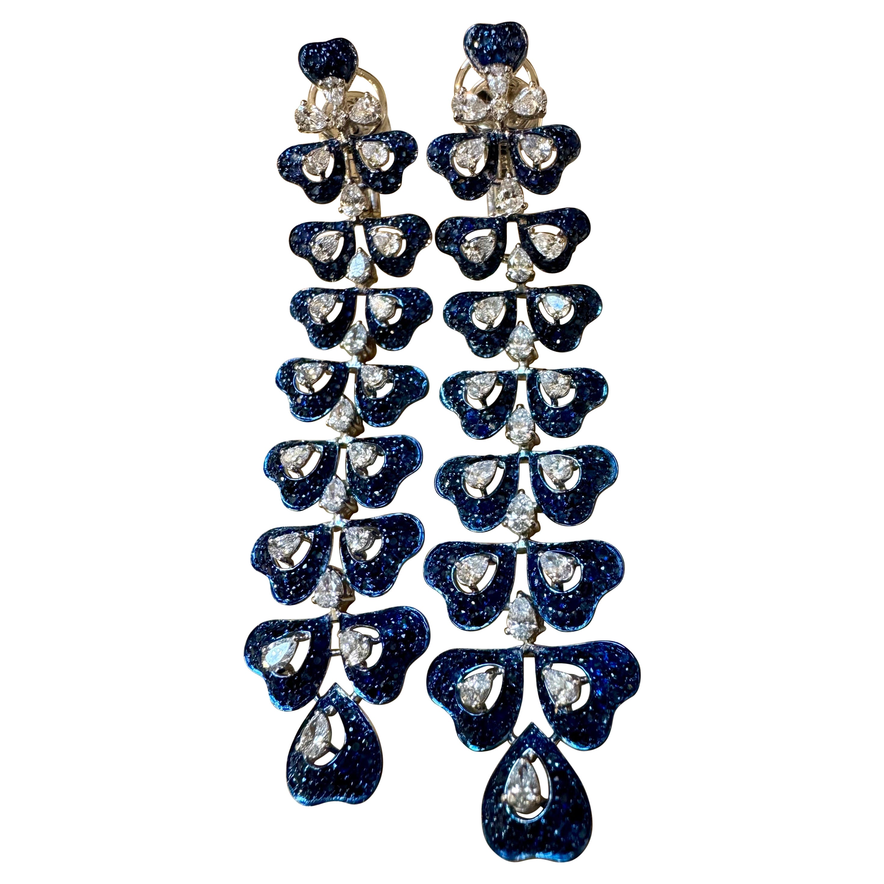  6 Ct Natural Blue Sapphire & 3 Ct Diamond hanging Earrings 18Kt White Gold 3"