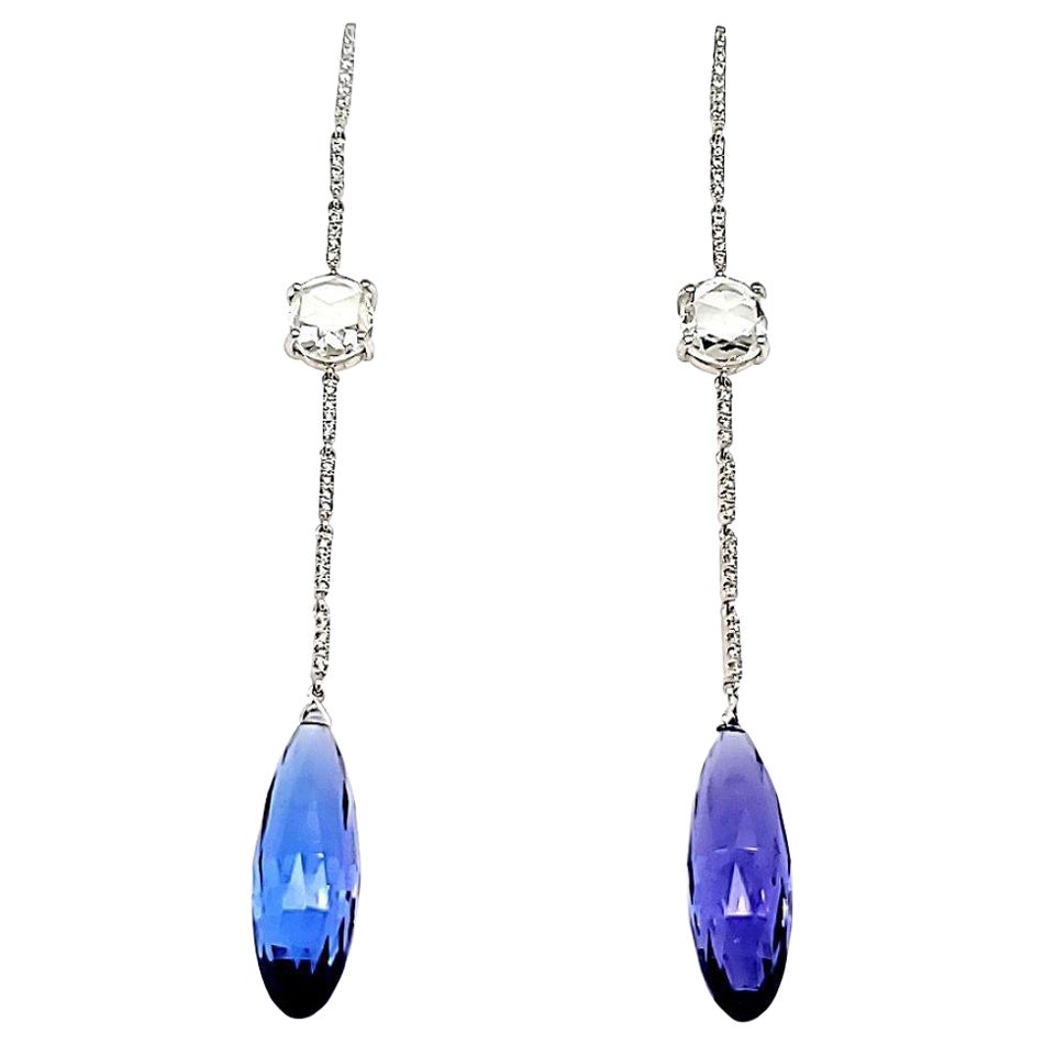 Tanzanite and Rose-Cut Diamond Drop Earrings in 18k White Gold For Sale
