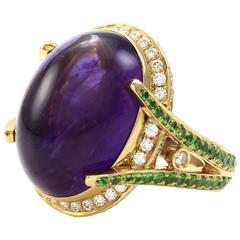 Amethyst Cabochon Ring with Pavé Tsavorite Garnet and Diamond Accents 5