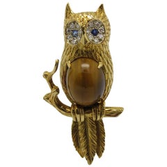 Vintage 1970s Hermes Paris Tiger's Eye, Diamond, sapphire and Gold Brooch