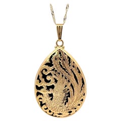 Retro Ming's Hawaii Phoenix Onyx Pear Shaped Necklace 14k Yellow Gold