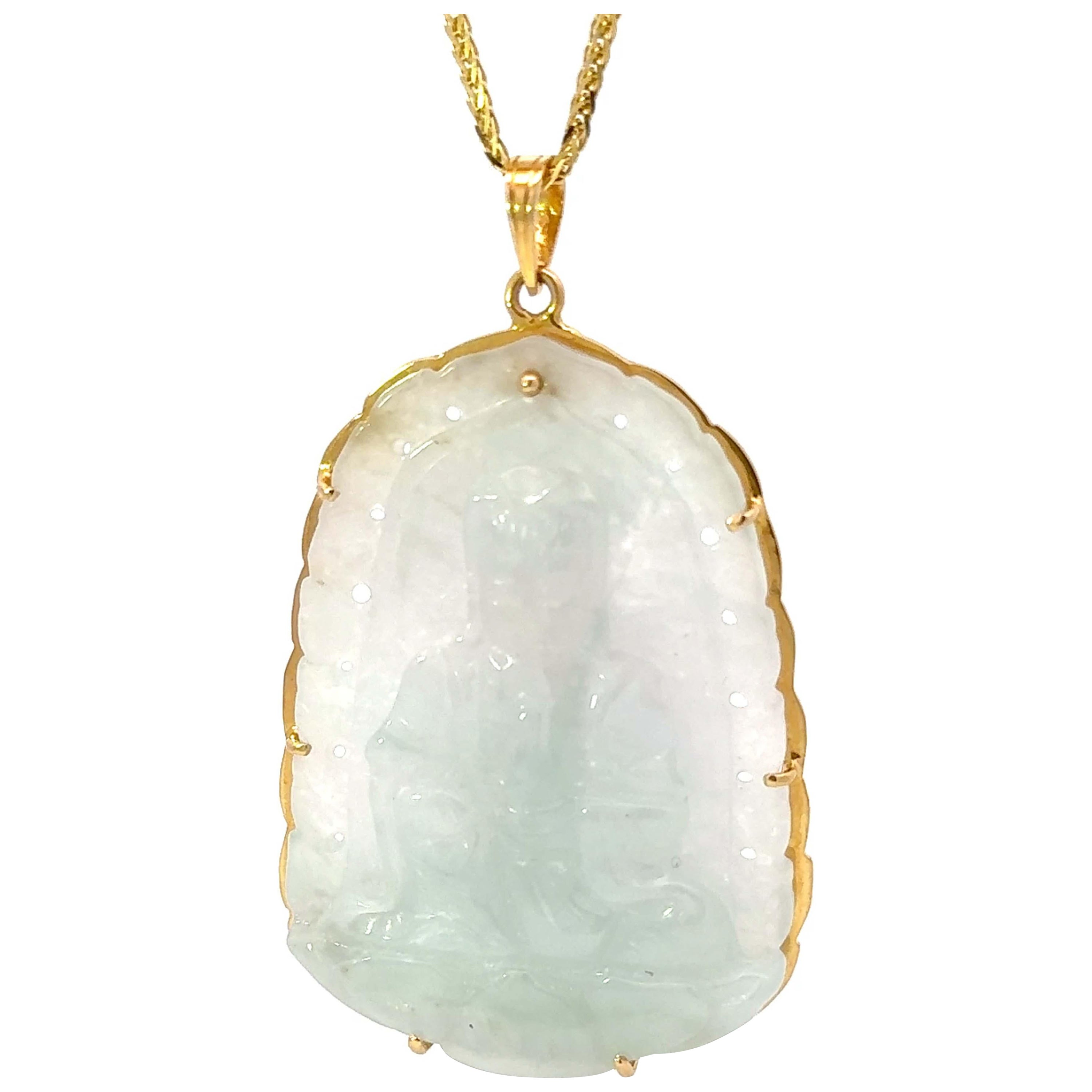 Pale Green Blue Jade Buddah Necklace 14K Yellow Gold For Sale