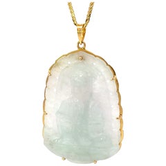 Pale Green Blue Jade Buddah Necklace 14K Yellow Gold