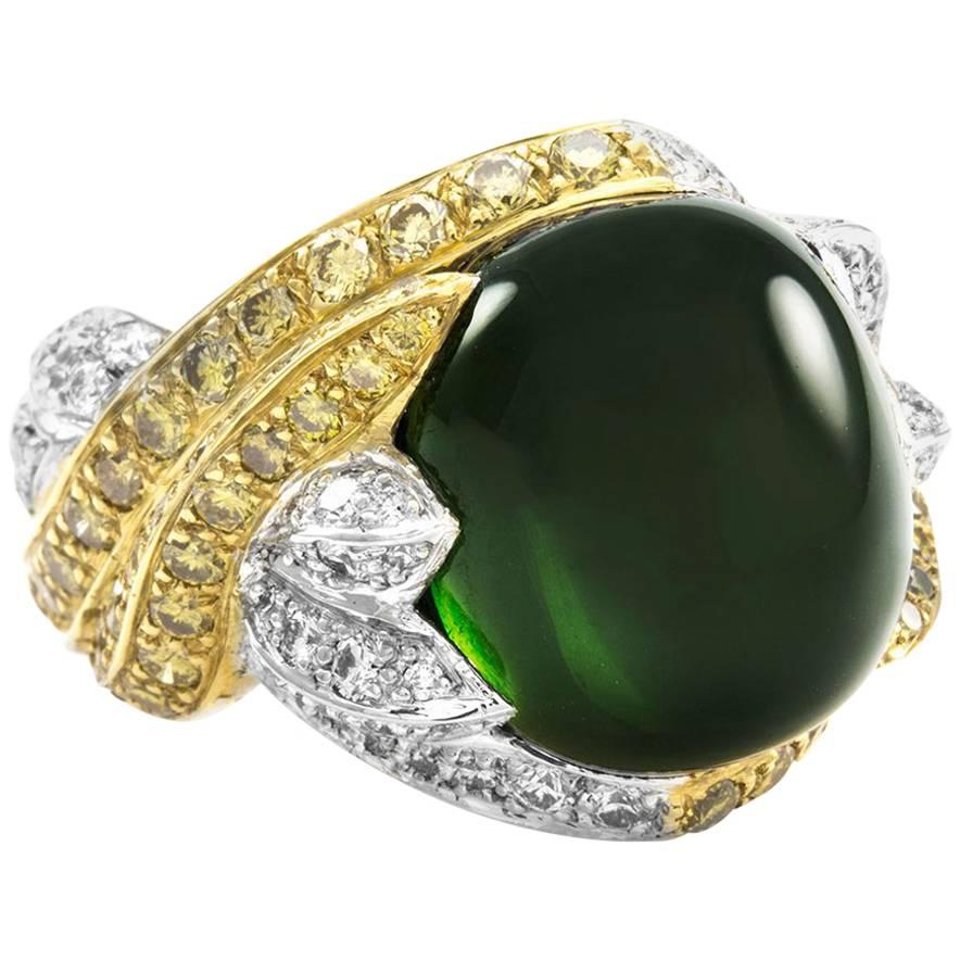 Marshall Cabochon Green Tourmaline Yellow and White Pavé Diamonds Gold Ring  For Sale