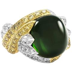 Marshall Cabochon Green Tourmaline Yellow and White Pavé Diamonds Gold Ring 