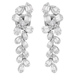 1.15 Ct. Baguette & Round Diamond Dangle Earrings 18 Karat White Gold Jewelry