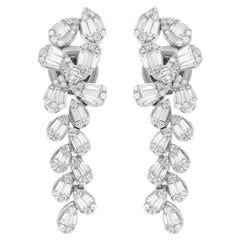 1.15 Ct. Baguette & Round Diamond Dangle Earrings 18 Karat White Gold Jewelry