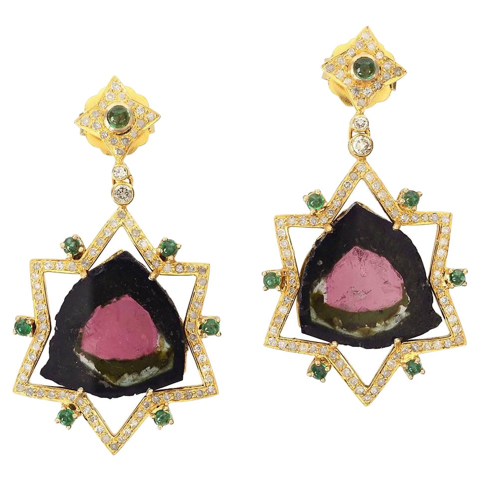 Watermelon Tourmaline Earring with Diamonds and Emerald Made In 18k Yellow Gold