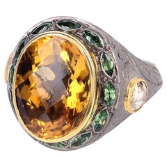 12.26ct Citrine Cocktail Ring With Peridot & Diamonds Made In 14k Gold & Silver