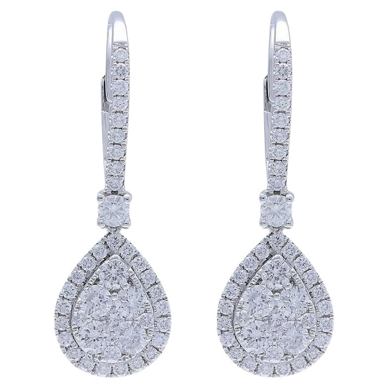 Moonlight Collection Pear Cluster Earrings: 1 Carat Diamond in 18K White Gold For Sale