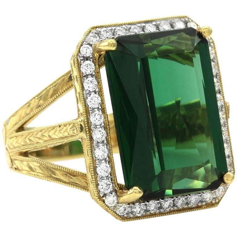 Fancy Emerald Cut Green Tourmaline and Pavé Diamond Ring For Sale