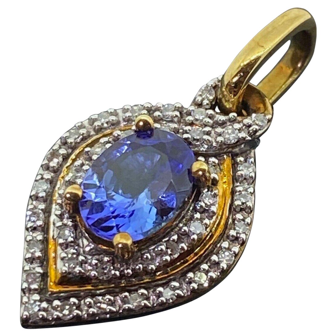 1.00ct Violet Blue Tanzanite & Diamond Pendant in Two-Tone 9K Yellow & Rose Gold For Sale