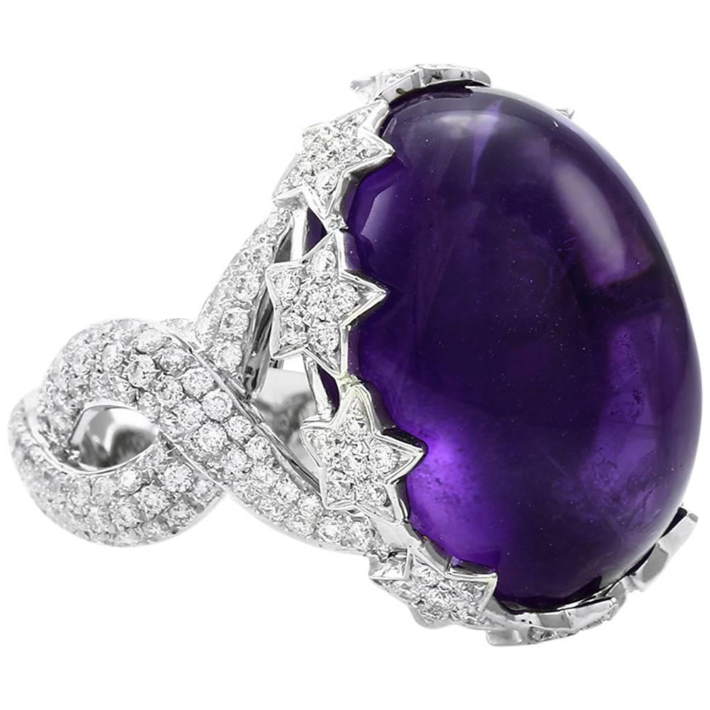 Amethyst Cabochon and Pavé Diamond Ring For Sale