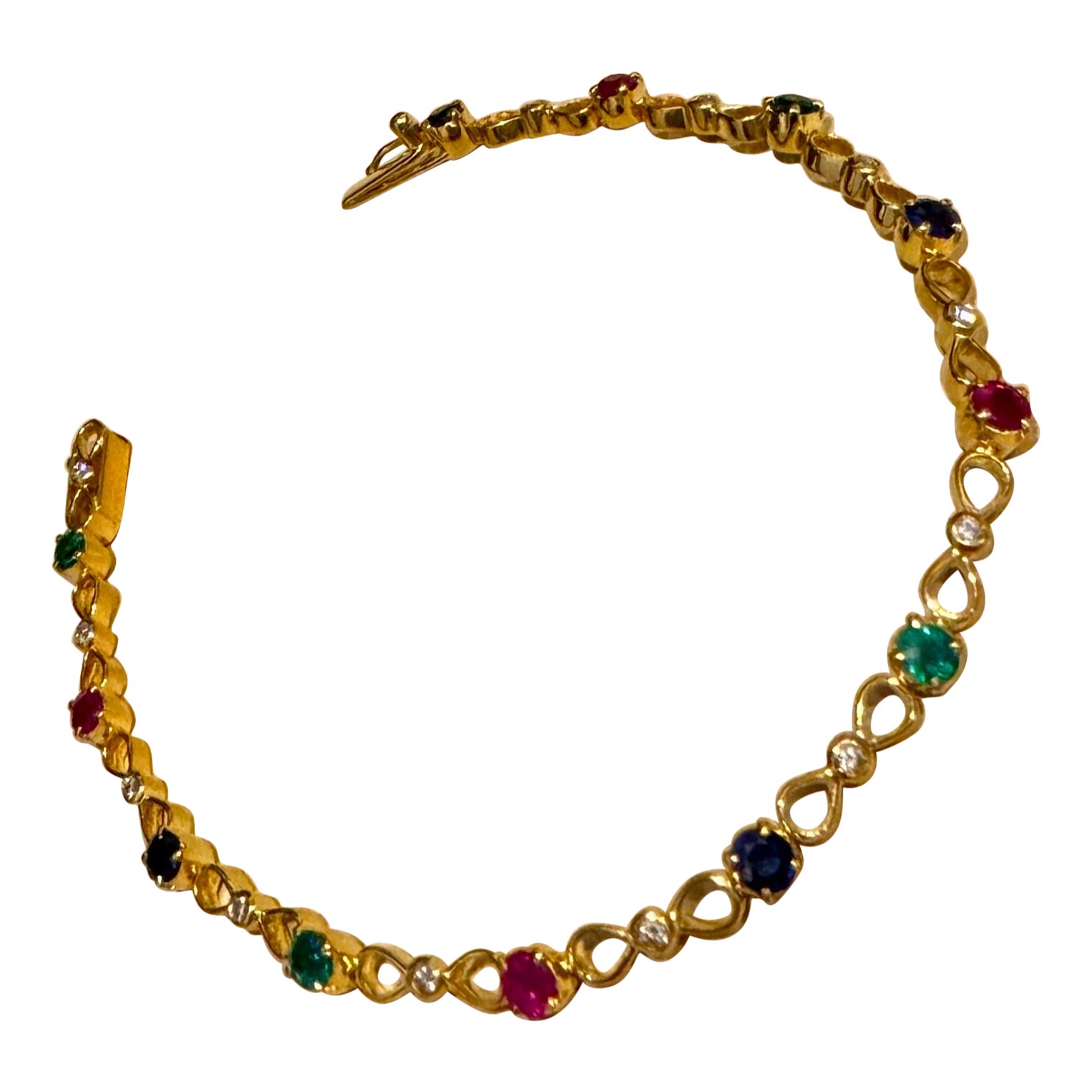 Estate Fine Emerald Ruby  & Sapphire & Dia  Bracelet in 18 Kt Yellow Gold , 7.5" For Sale
