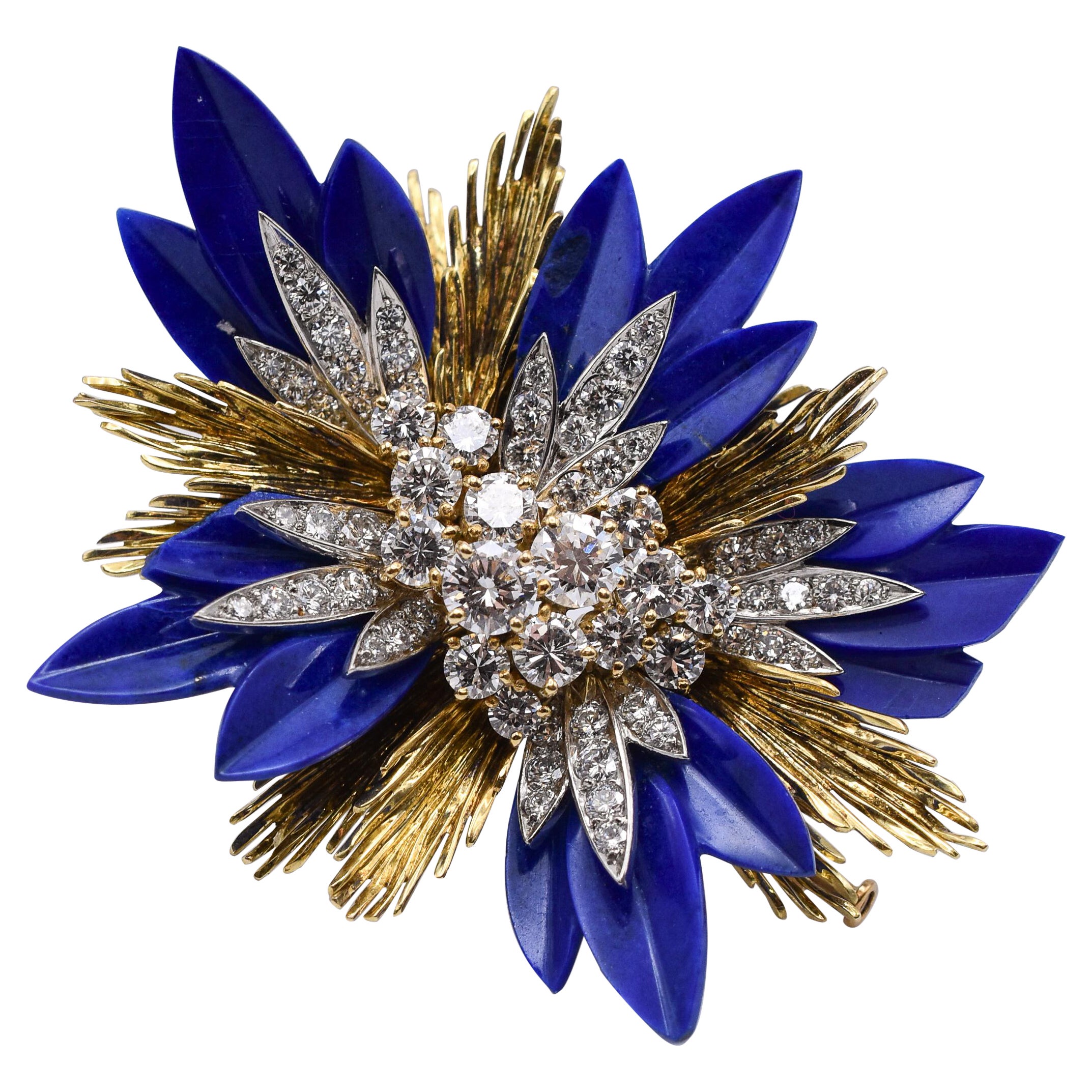French Retro Diamond and Lapis Lazuli Brooch in 18k Yellow Gold For Sale