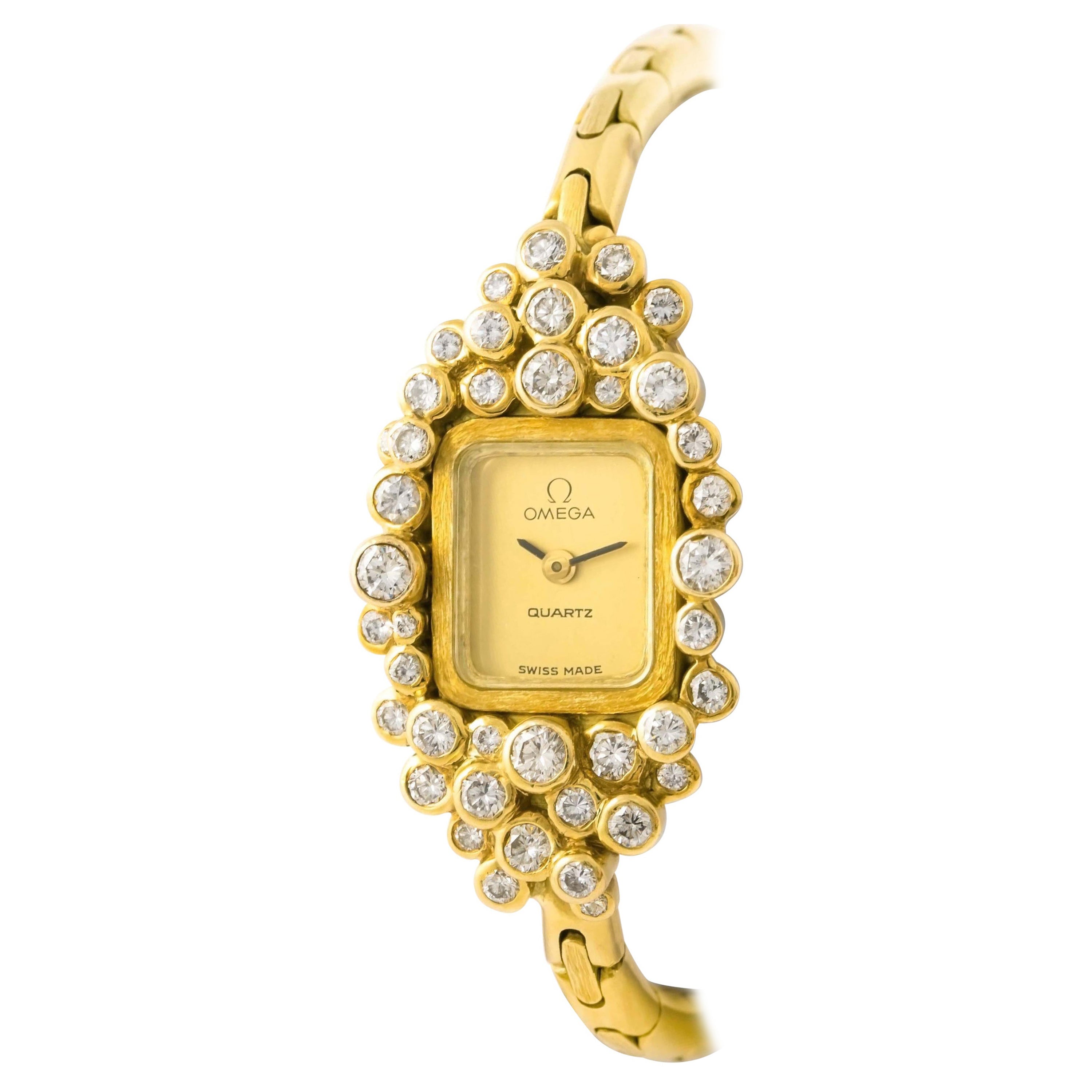 Omega Diamond Yellow Gold 18K Unique Wristwatch 1970S