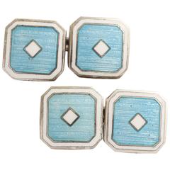 Antique American Art Deco Sterling Silver and Guilloche Enamel Cufflinks