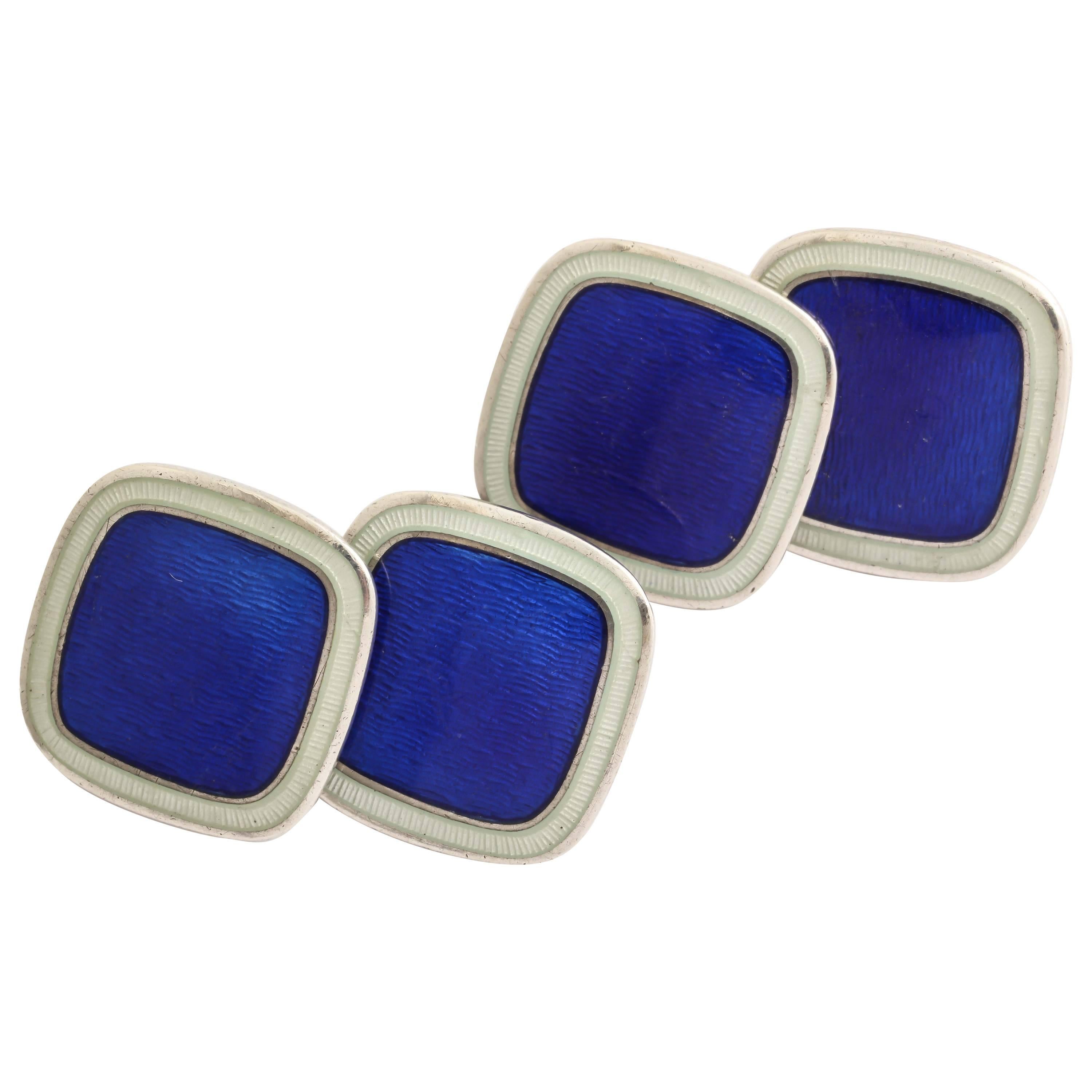 American Art Deco Sterling Silver and Guilloche Enamel Cufflinks For Sale