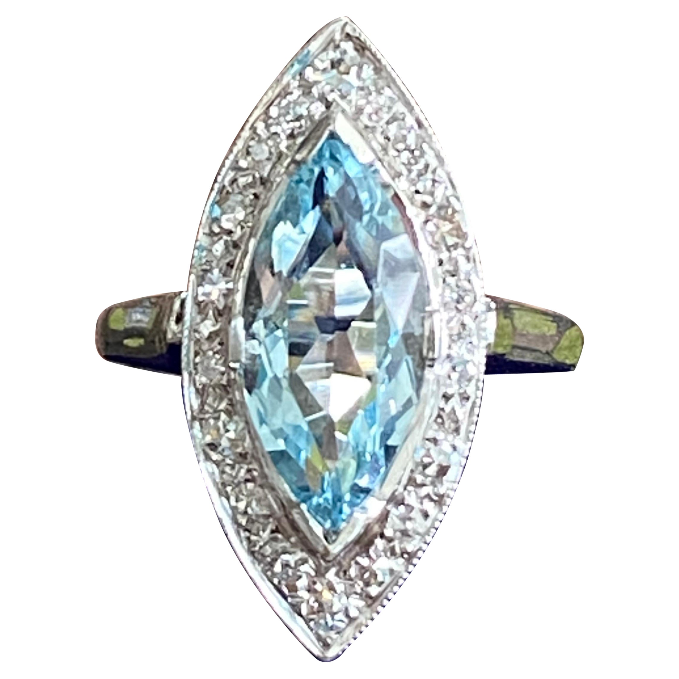 Mid Century Aquamarine & Diamond 14K White Gold Ring For Sale