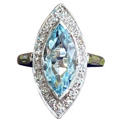 Vintage Mid Century Aquamarine & Diamond 14K White Gold Ring