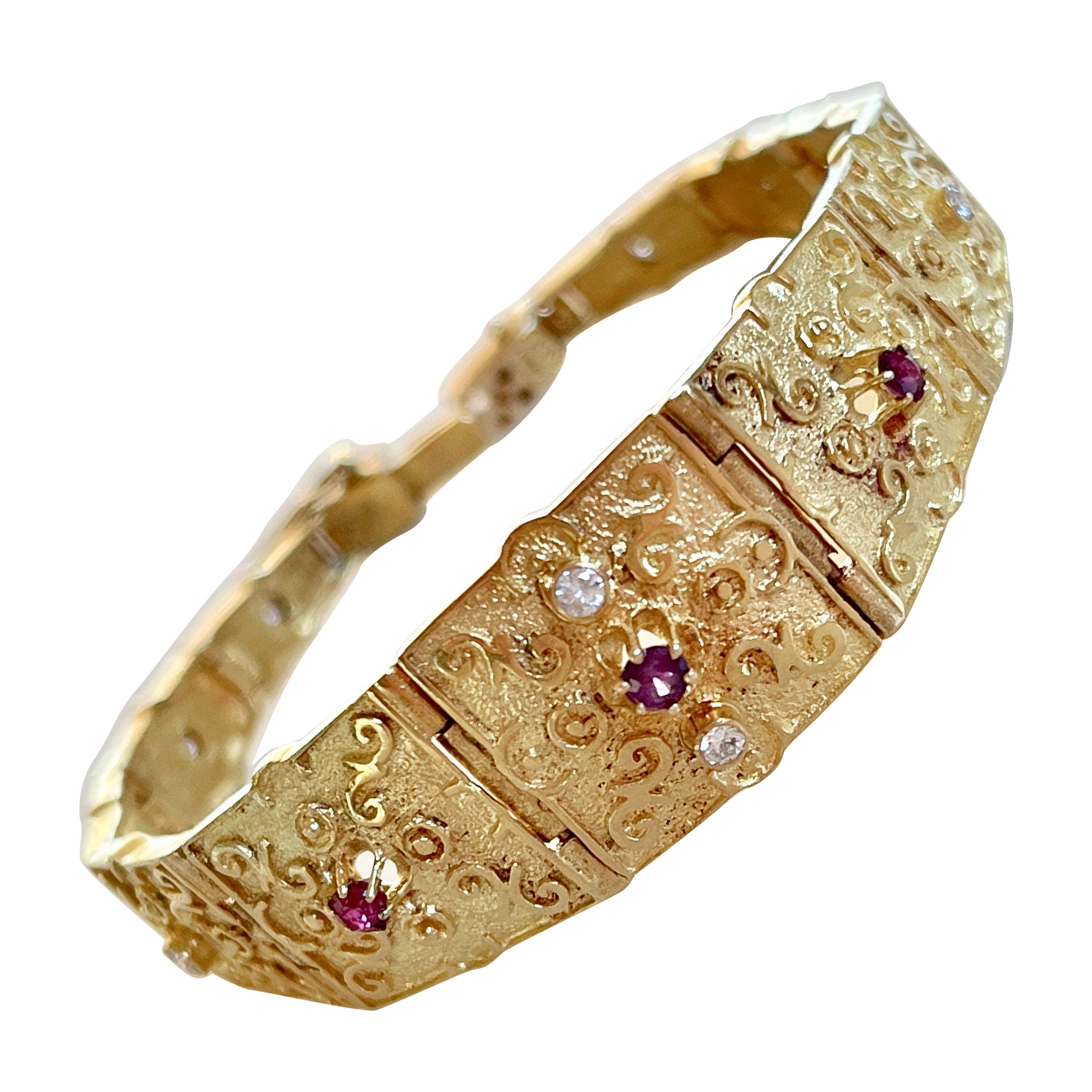 Unique 18ct Solid Gold Panel Bracelet Natural Rubies Diamonds with Valuation For Sale