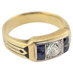 Antique Art Deco Period Diamond & Sapphire Ring With Old Euro Center Stone