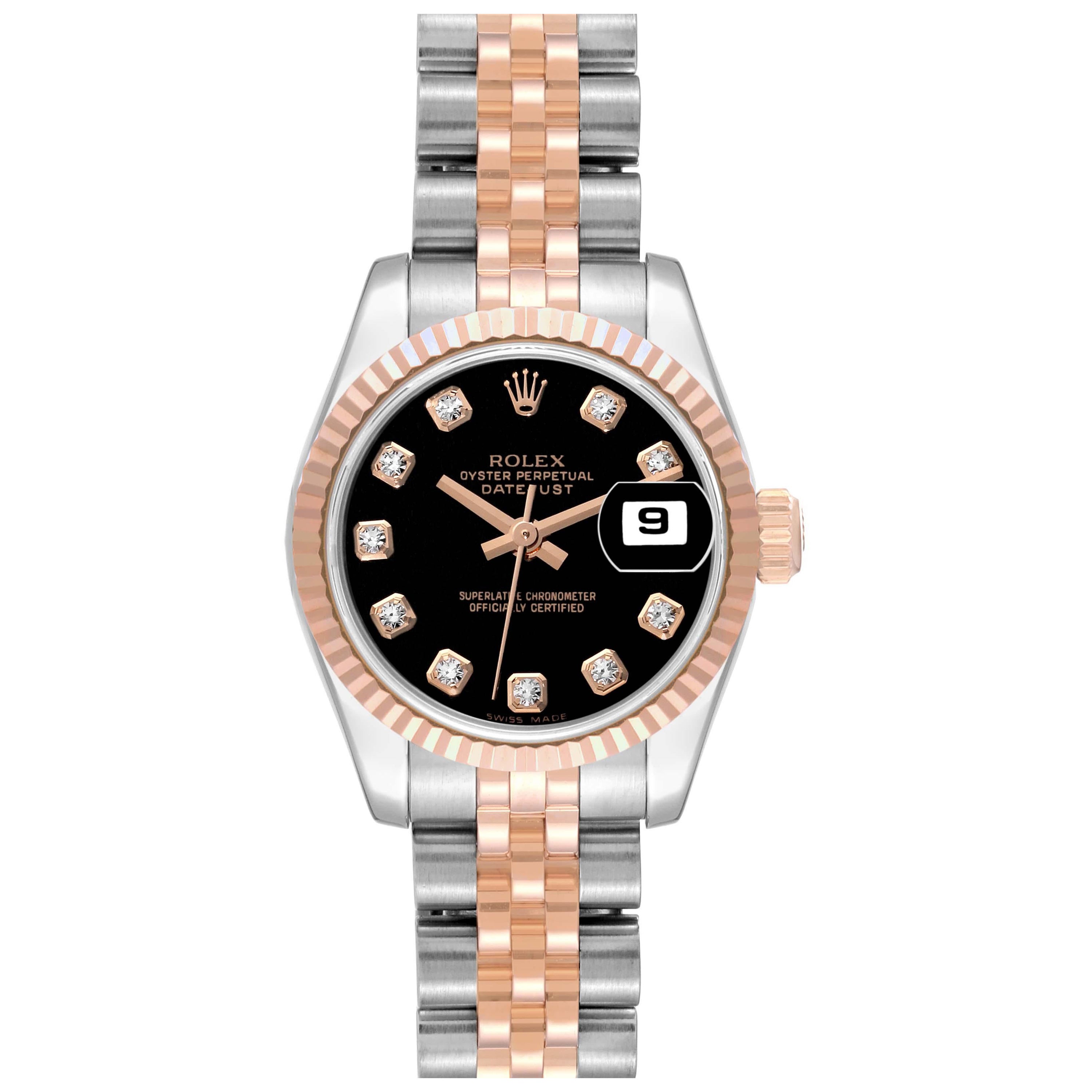 Rolex Datejust Steel Rose Gold Black Diamond Dial Ladies Watch 179171 en vente