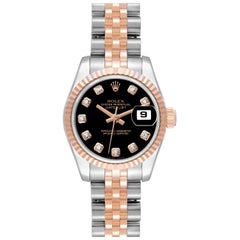Used Rolex Datejust Steel Rose Gold Black Diamond Dial Ladies Watch 179171