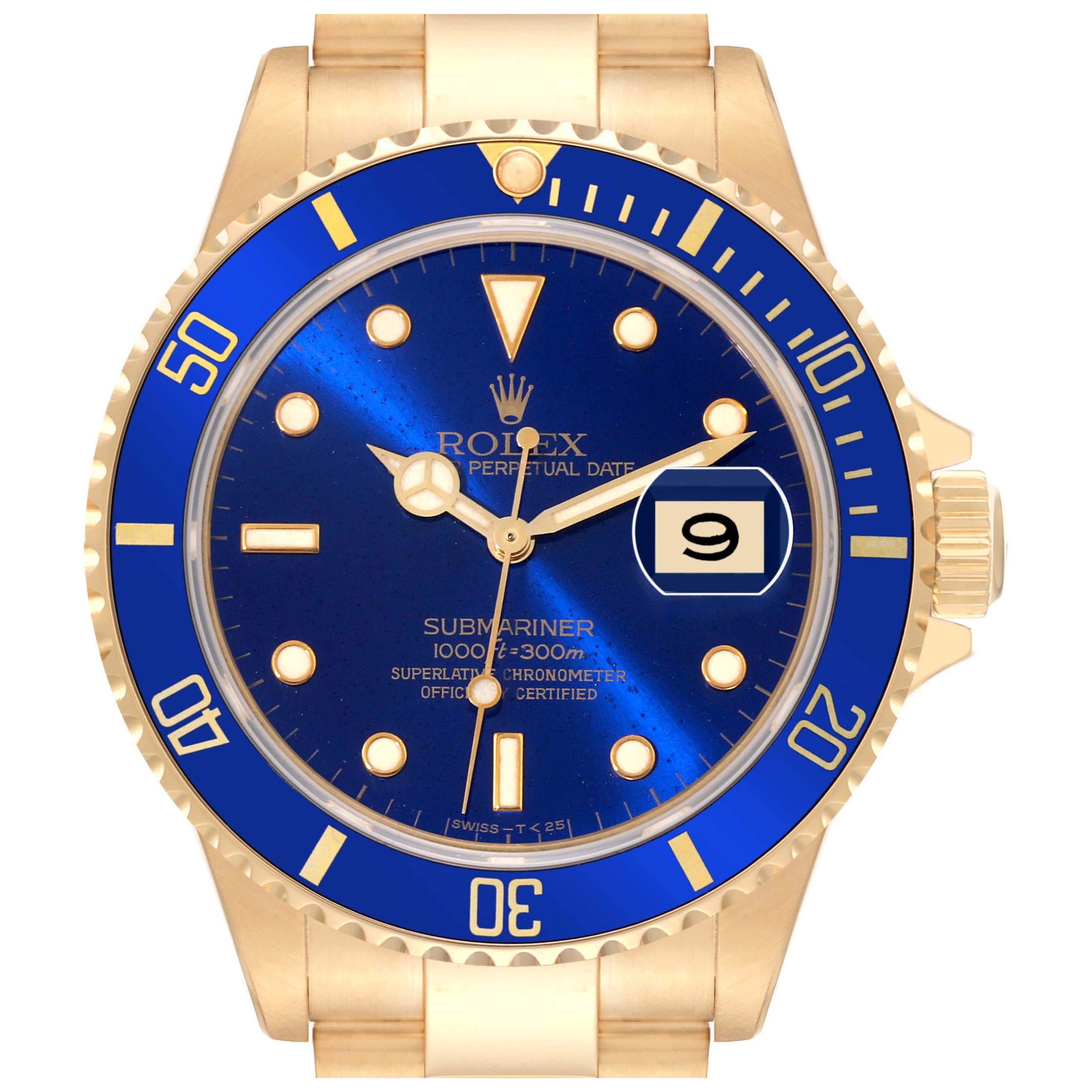Rolex Submariner Yellow Gold Blue Dial 40mm Mens Watch 16618 For Sale