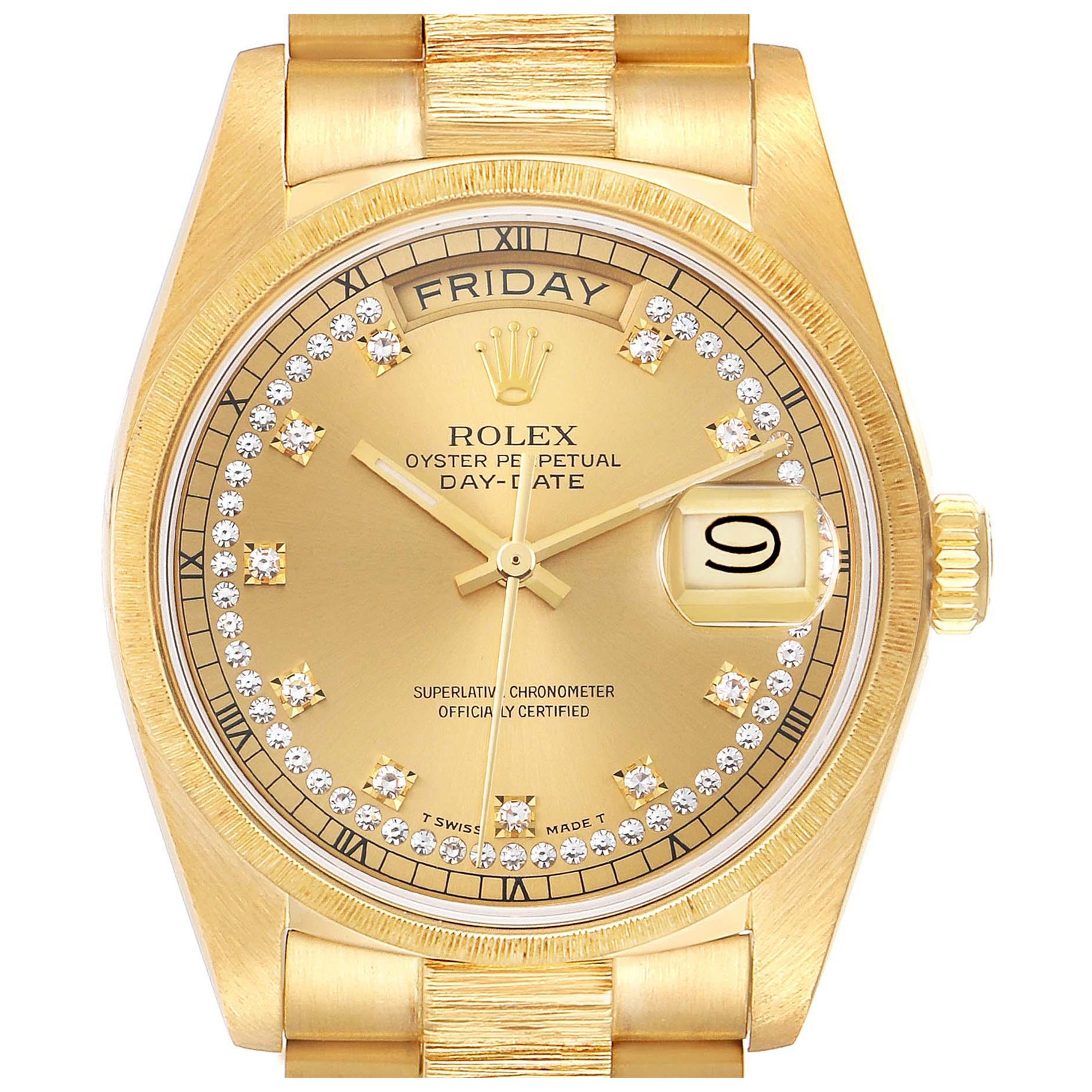 Rolex President Day-Date Cadran diamant Or jaune Finition écorce Montre homme 18078 en vente