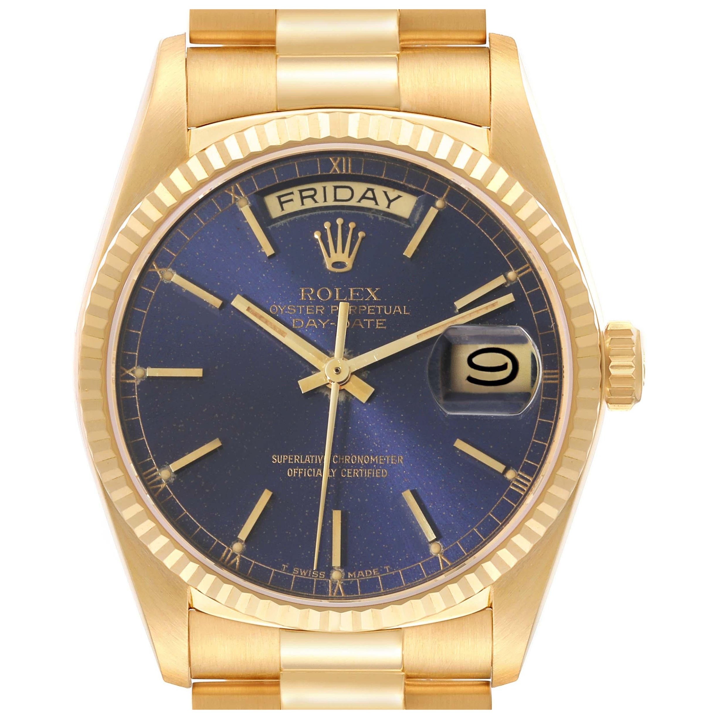 Rolex President Day-Date Yellow Gold Blue Dial Mens Watch 18038 For Sale