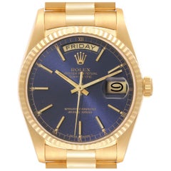 Used Rolex President Day-Date Yellow Gold Blue Dial Mens Watch 18038