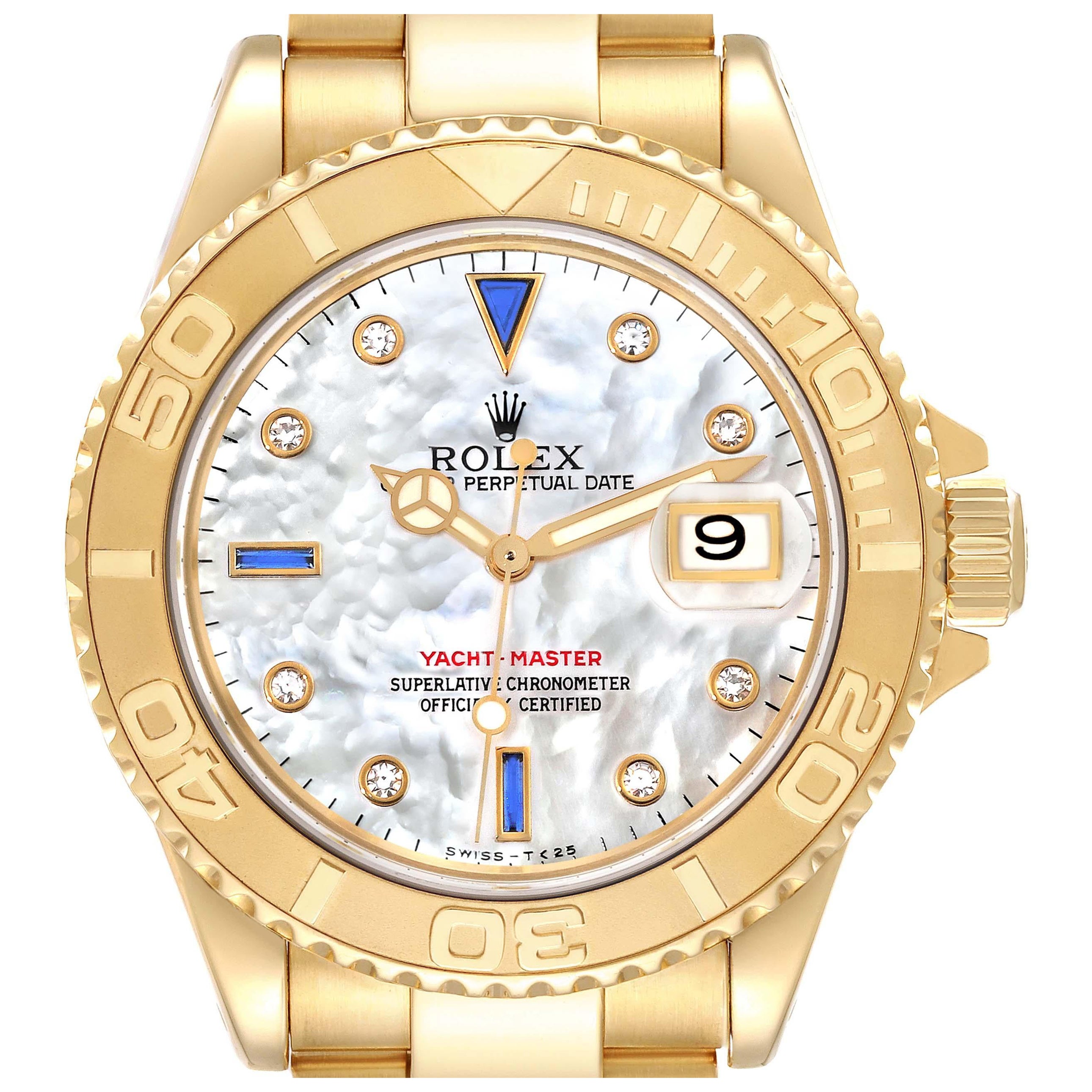 Rolex Yachtmaster Yellow Gold Mother of Pearl Diamond Sapphire Serti Mens Watch