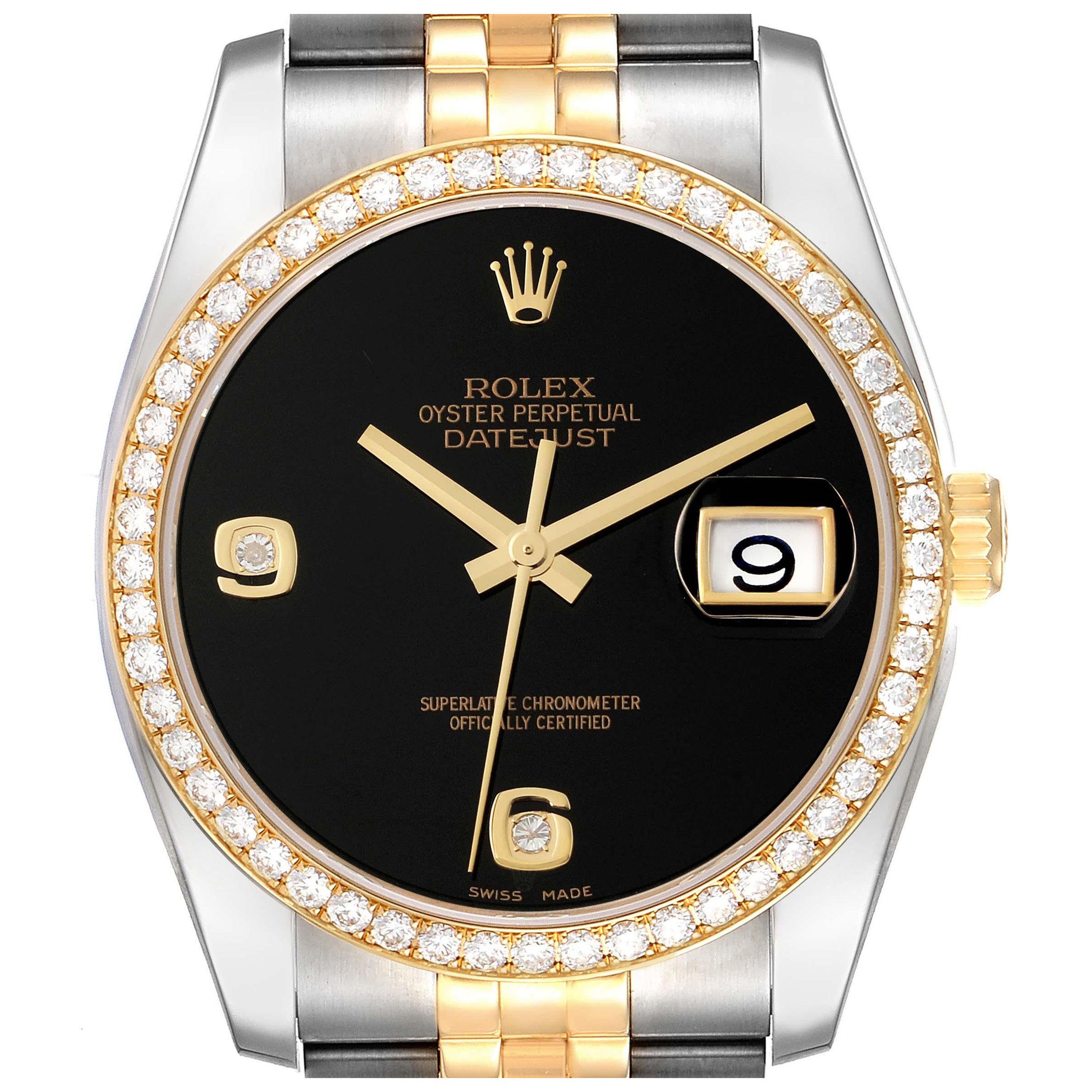 Rolex Datejust Black Dial Steel Yellow Gold Diamond Mens Watch 116243 For Sale