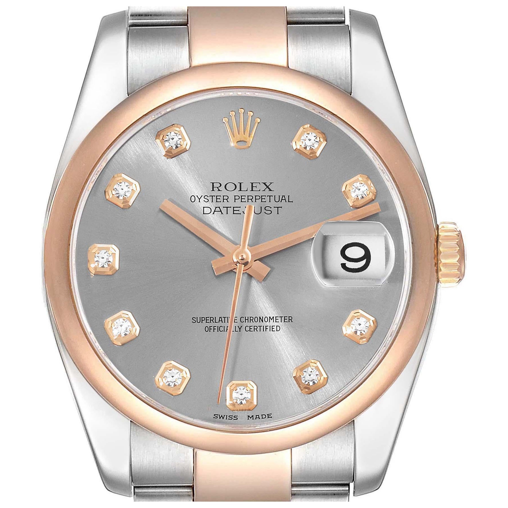 Rolex Datejust 36 Steel Rose Gold Silver Diamond Dial Mens Watch 116201 Box Card