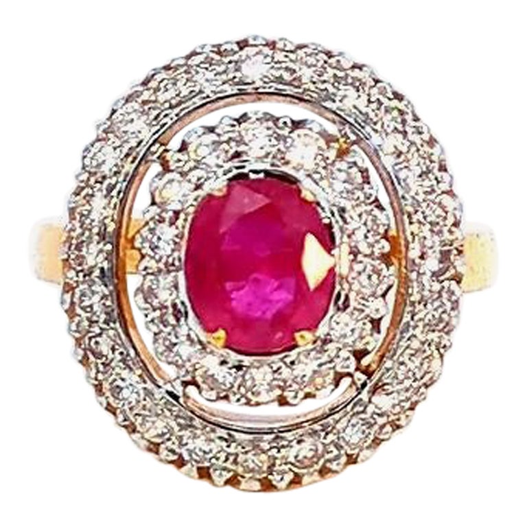 1.1 Carat Ruby and Diamond Halo 18K Gold Ring For Sale