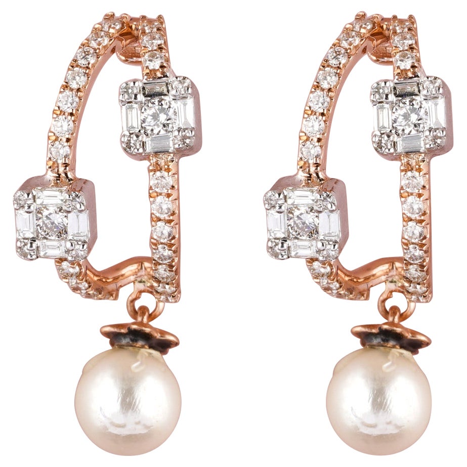 Pearl Drop Diamond Earrings Set in 18K Solid Gold For Sale